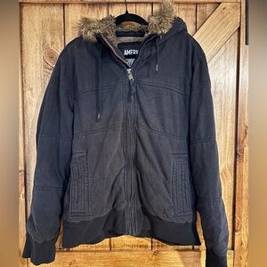 American Eagle Men’s Faux Fur Hooded Jacket Vintage Y2K Large